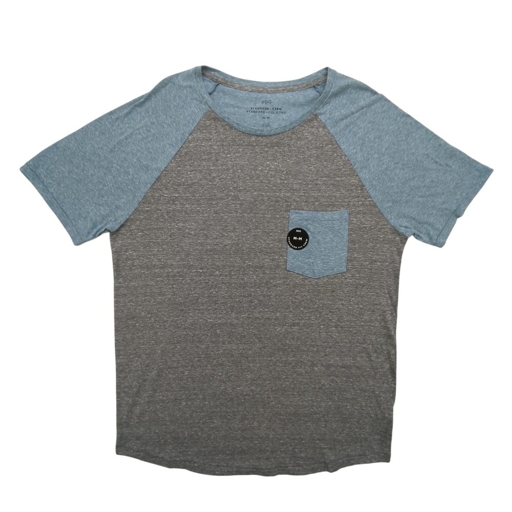 BDG Shirt Mens Medium Standard Crew Blue Gray Raglan Pocket Soft Casual Tee